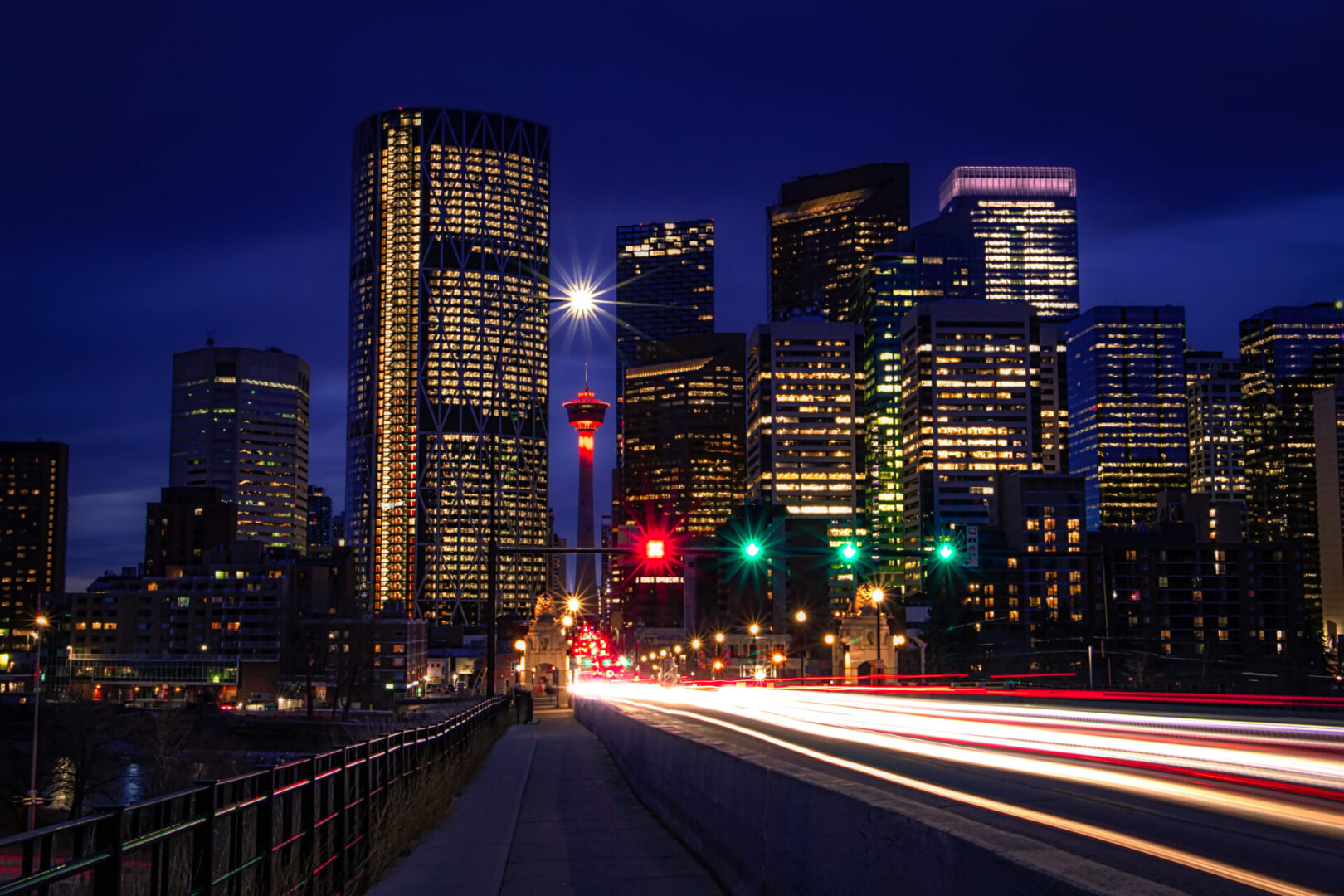 Downtown Calgary Light Trails At Night